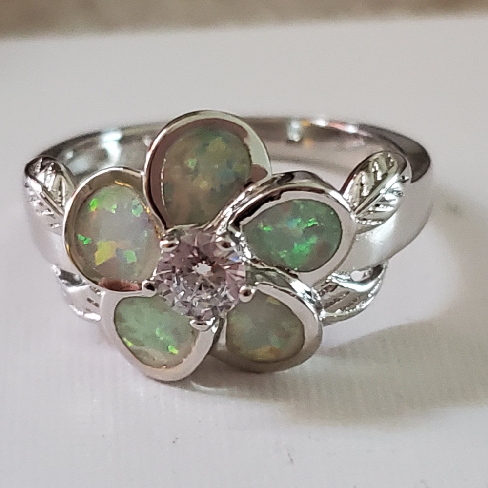 .925 stamped plated opal plumeria ring